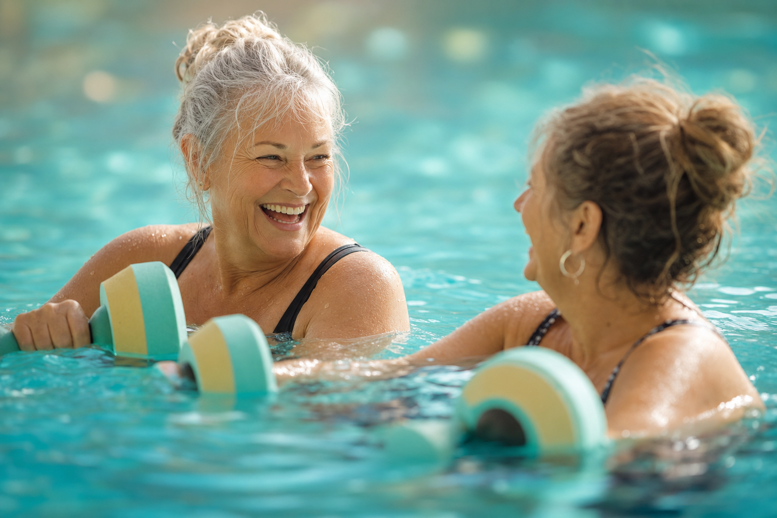 Dwie uśmiechnięte uczestniczki zajęć aqua aerobic w ciepłej wodzie
